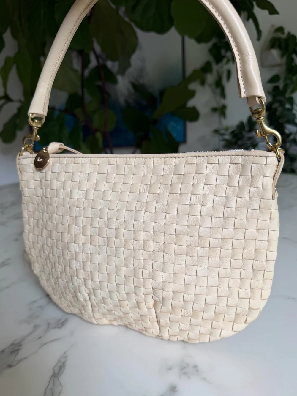 Clare V Petit Moyen Cream Woven Checker Leather Crossbody Shoulder Bag